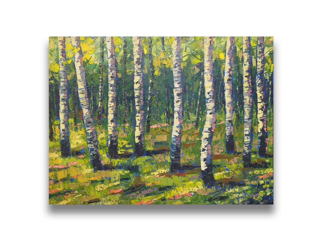 A painting of a bright green forest of birch trees with stark white trunks, accented with blue. Printed on canvas.