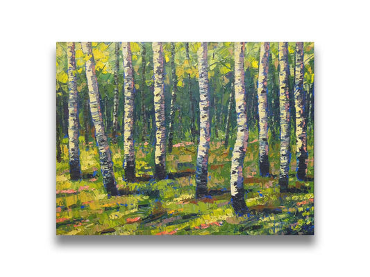 A painting of a bright green forest of birch trees with stark white trunks, accented with blue. Printed on canvas.