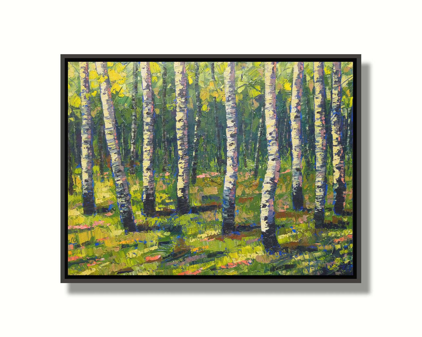 A painting of a bright green forest of birch trees with stark white trunks, accented with blue. Printed on canvas in a float frame.