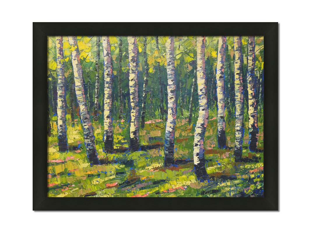 A painting of a bright green forest of birch trees with stark white trunks, accented with blue. Printed on canvas and framed.