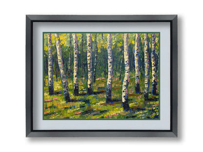 A painting of a bright green forest of birch trees with stark white trunks, accented with blue. Printed on paper, matted, and framed.