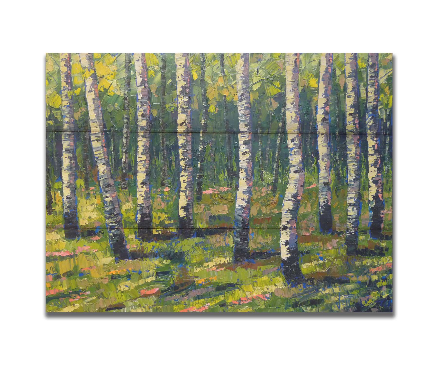 A painting of a bright green forest of birch trees with stark white trunks, accented with blue. Printed on a box board.