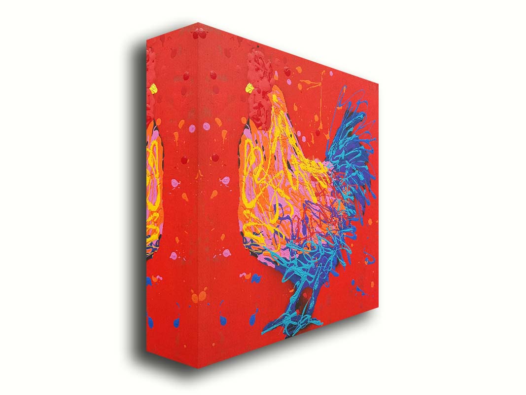 A drip painting of a blue, pink, and yellow rooster on a bright red background. Printed on canvas.