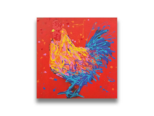 A drip painting of a blue, pink, and yellow rooster on a bright red background. Printed on canvas.