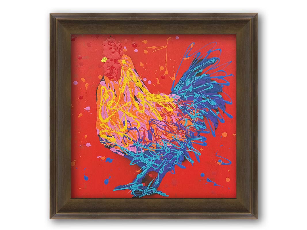 A drip painting of a blue, pink, and yellow rooster on a bright red background. Printed on canvas and framed.