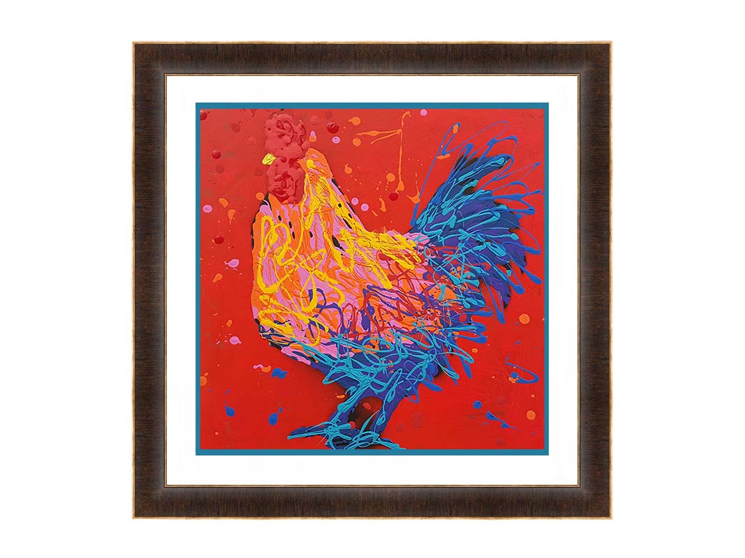 A drip painting of a blue, pink, and yellow rooster on a bright red background. Printed on paper, matted, and framed.