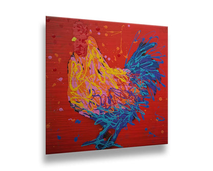 A drip painting of a blue, pink, and yellow rooster on a bright red background. Printed on metal.