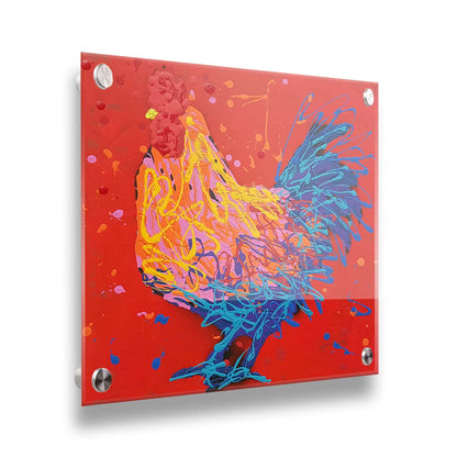 A drip painting of a blue, pink, and yellow rooster on a bright red background. Printed on acrylic.