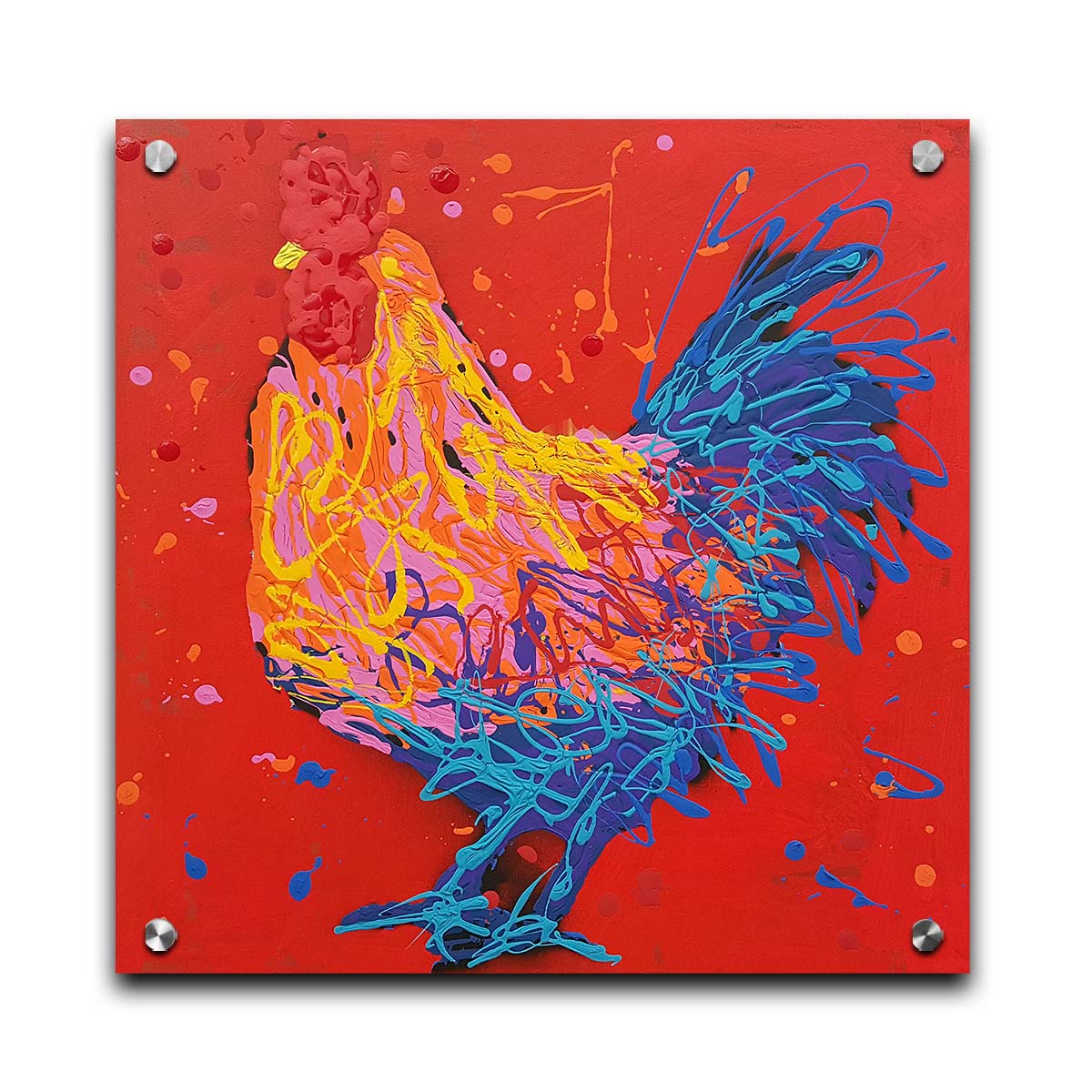 A drip painting of a blue, pink, and yellow rooster on a bright red background. Printed on acrylic.