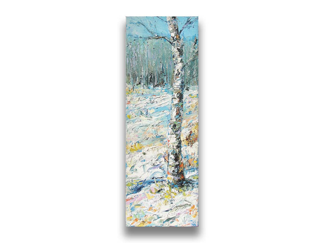 An expressive painting of a birch tree in the snow, far from the rest of the grove on the horizon. Printed on canvas.