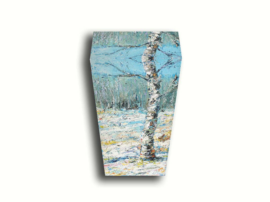 An expressive painting of a birch tree in the snow, far from the rest of the grove on the horizon. Printed on canvas.