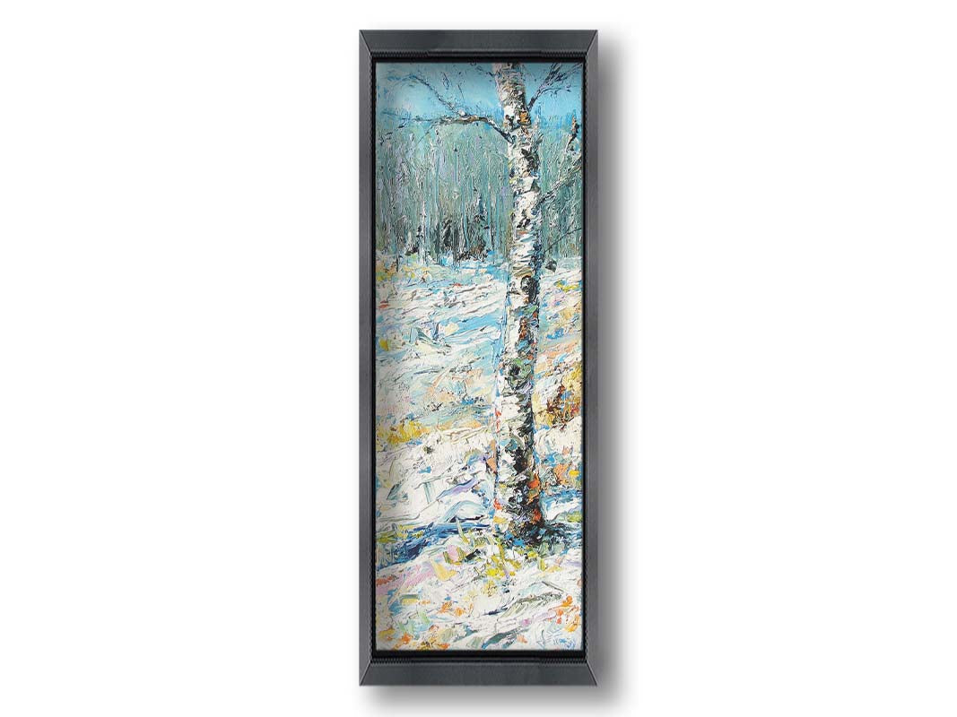 An expressive painting of a birch tree in the snow, far from the rest of the grove on the horizon. Printed on canvas and framed.