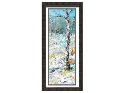 An expressive painting of a birch tree in the snow, far from the rest of the grove on the horizon. Printed on paper, matted, and framed.