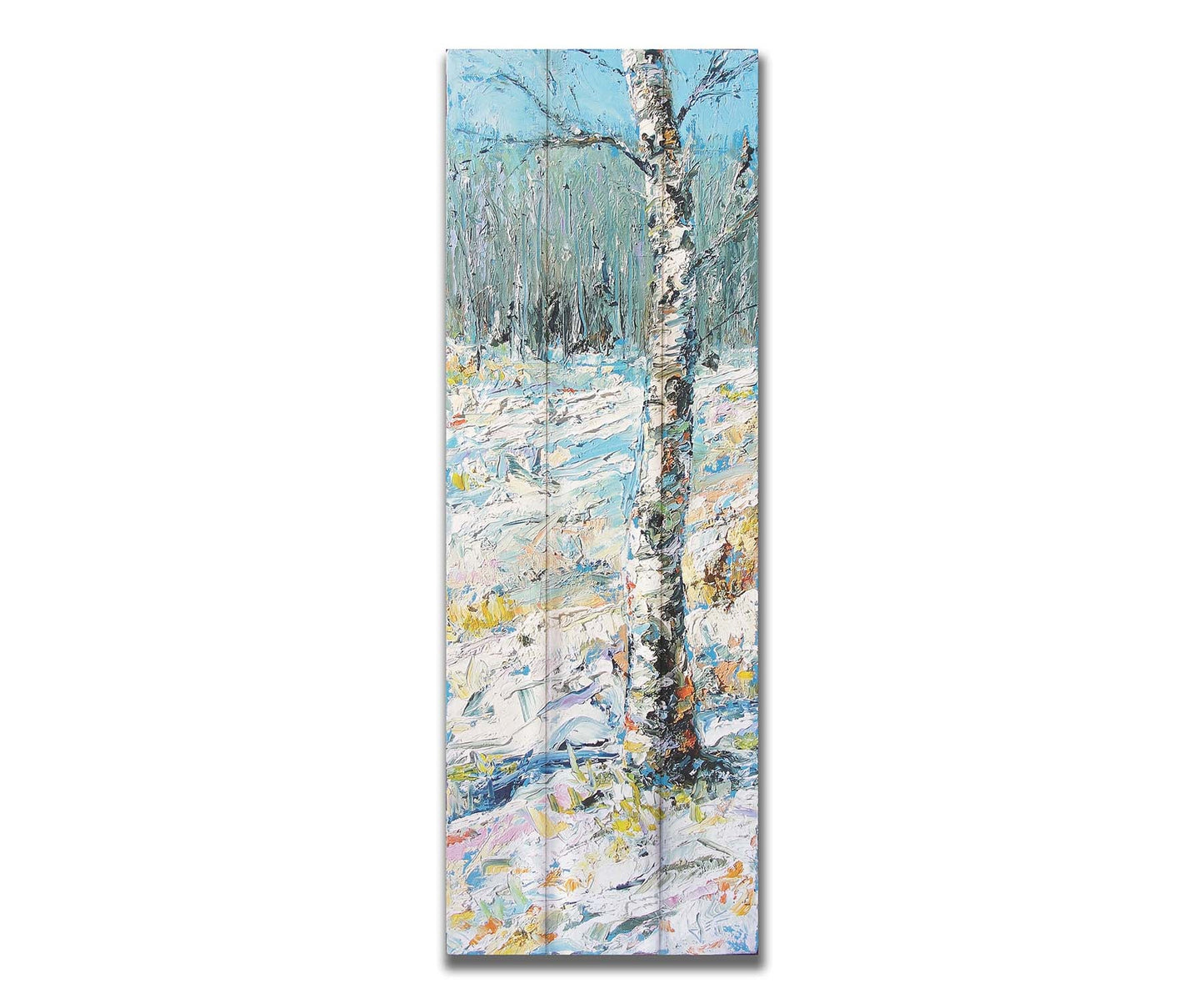 An expressive painting of a birch tree in the snow, far from the rest of the grove on the horizon. Printed on a box board.