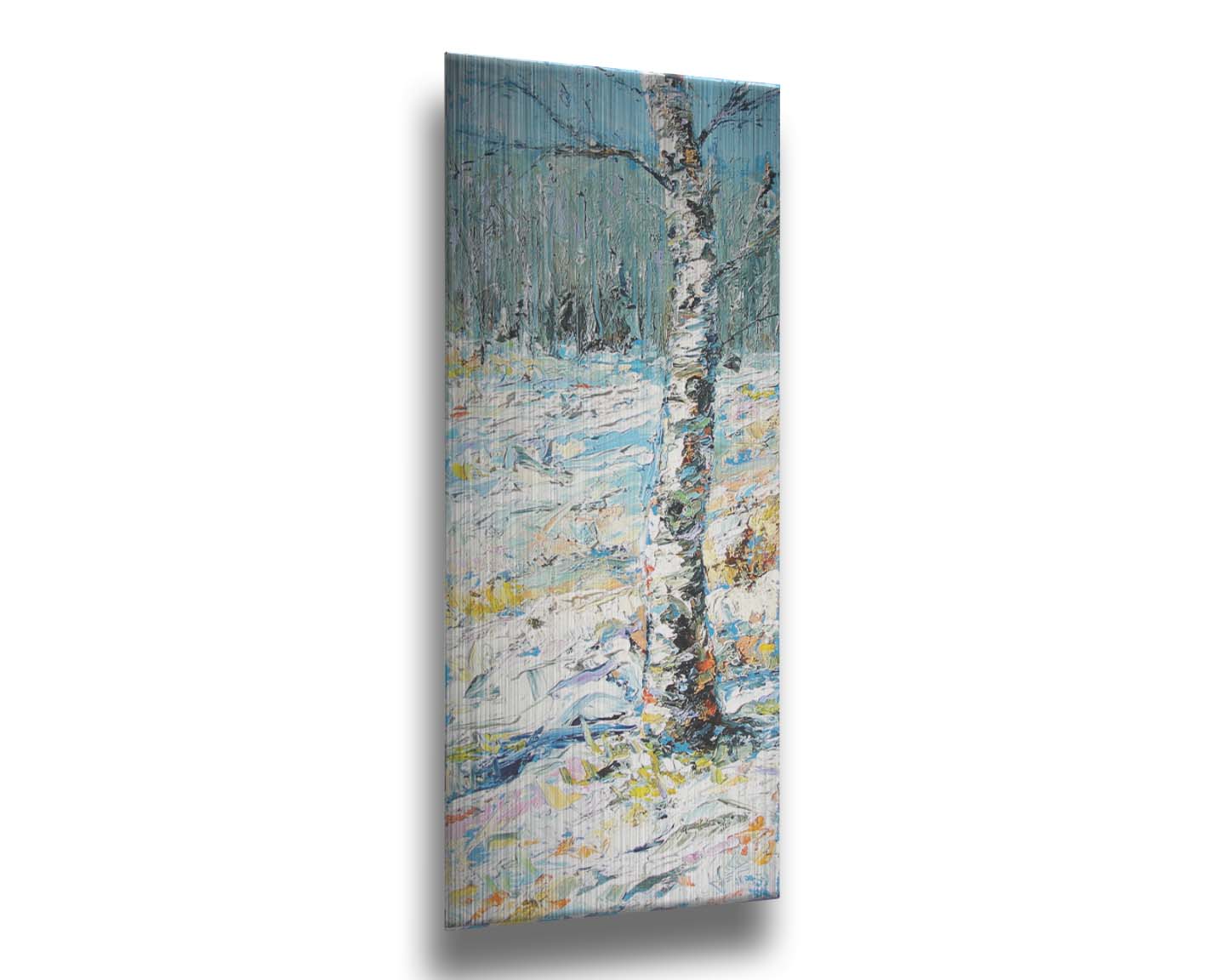 An expressive painting of a birch tree in the snow, far from the rest of the grove on the horizon. Printed on metal.