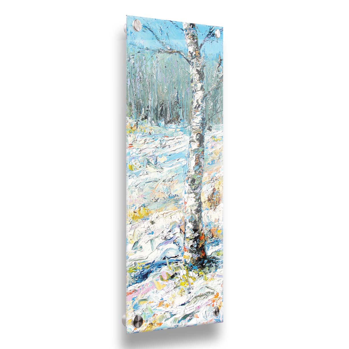 An expressive painting of a birch tree in the snow, far from the rest of the grove on the horizon. Printed on acrylic.