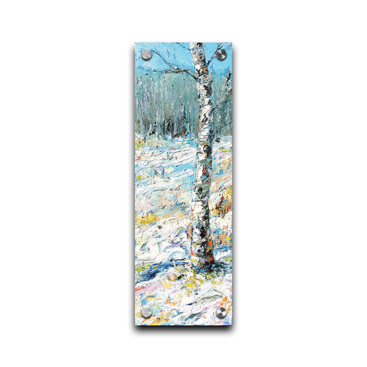 An expressive painting of a birch tree in the snow, far from the rest of the grove on the horizon. Printed on acrylic.