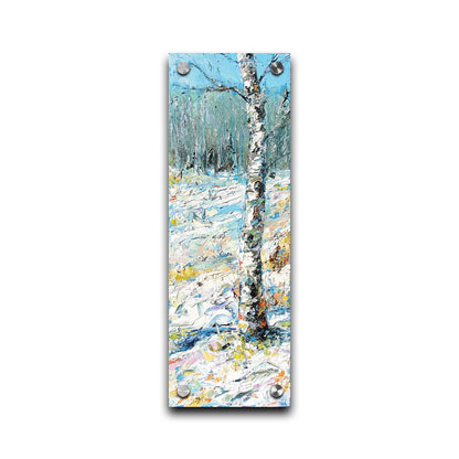 An expressive painting of a birch tree in the snow, far from the rest of the grove on the horizon. Printed on acrylic.