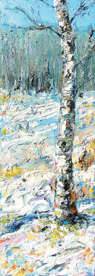 An expressive painting of a birch tree in the snow, far from the rest of the grove on the horizon.