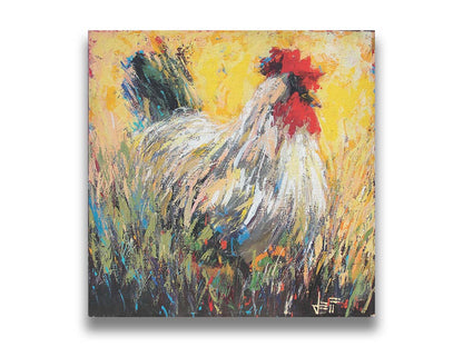 An expressive painting of a rooster sitting in the grass. Printed on canvas.