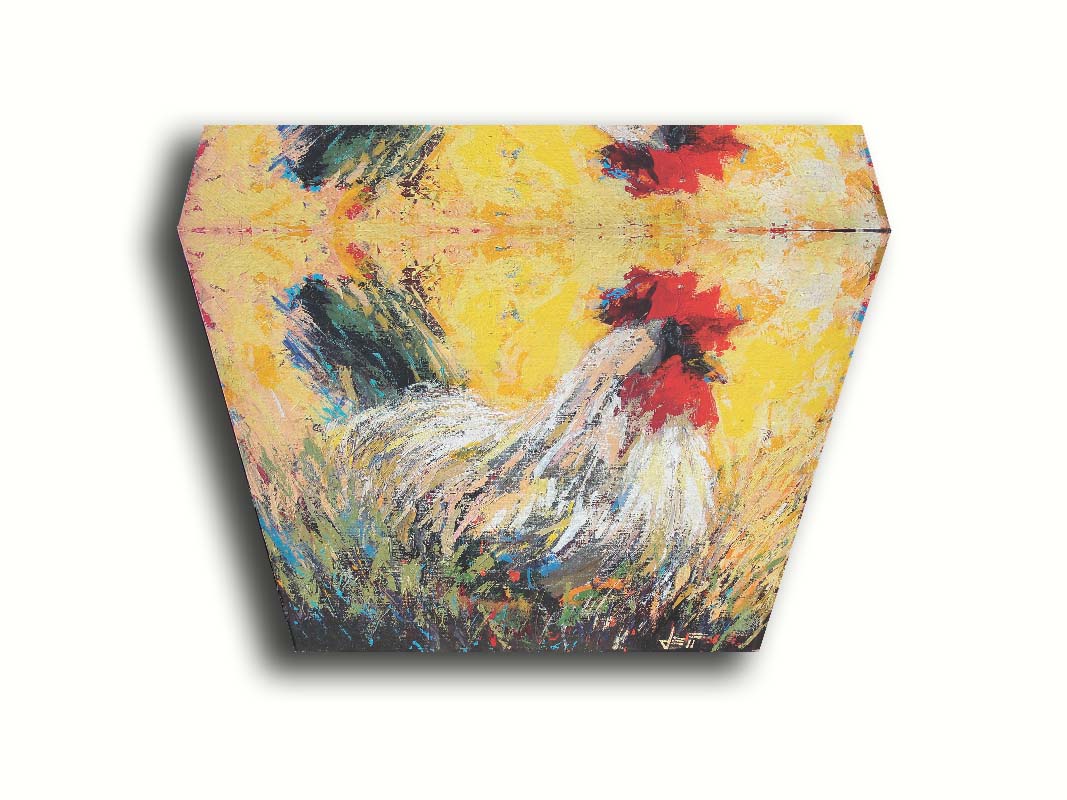 An expressive painting of a rooster sitting in the grass. Printed on canvas.