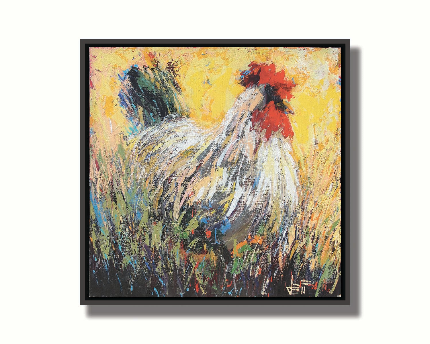 An expressive painting of a rooster sitting in the grass. Printed on canvas in a float frame.