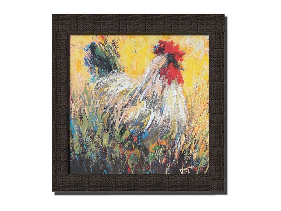 An expressive painting of a rooster sitting in the grass. Printed on canvas and framed.