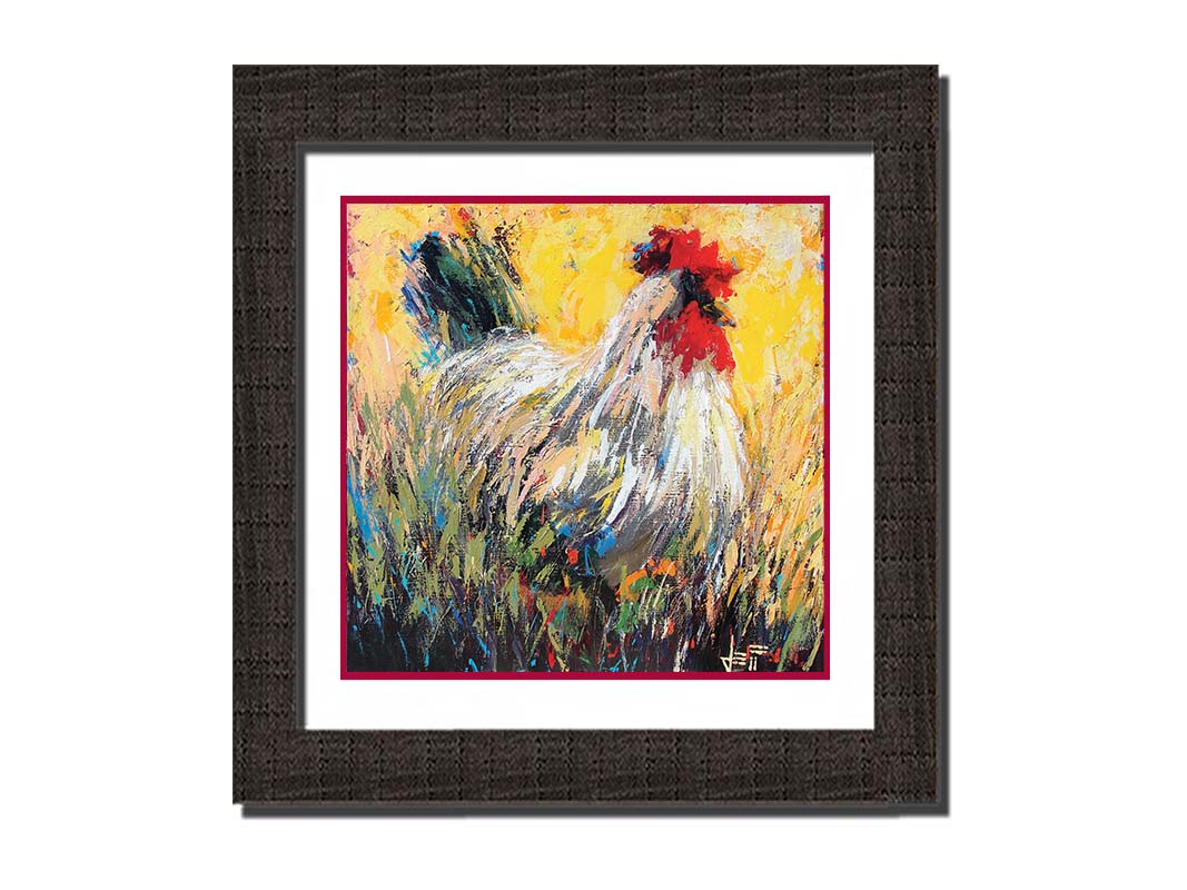 An expressive painting of a rooster sitting in the grass. Printed on paper, matted, and framed.