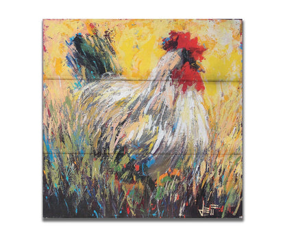 An expressive painting of a rooster sitting in the grass. Printed on a box board.