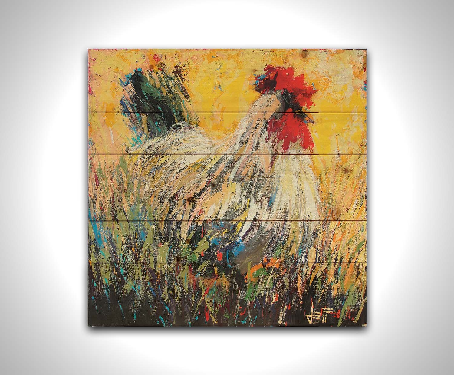 An expressive painting of a rooster sitting in the grass. Printed on a wood pallet.