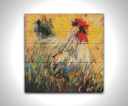 An expressive painting of a rooster sitting in the grass. Printed on a wood pallet.