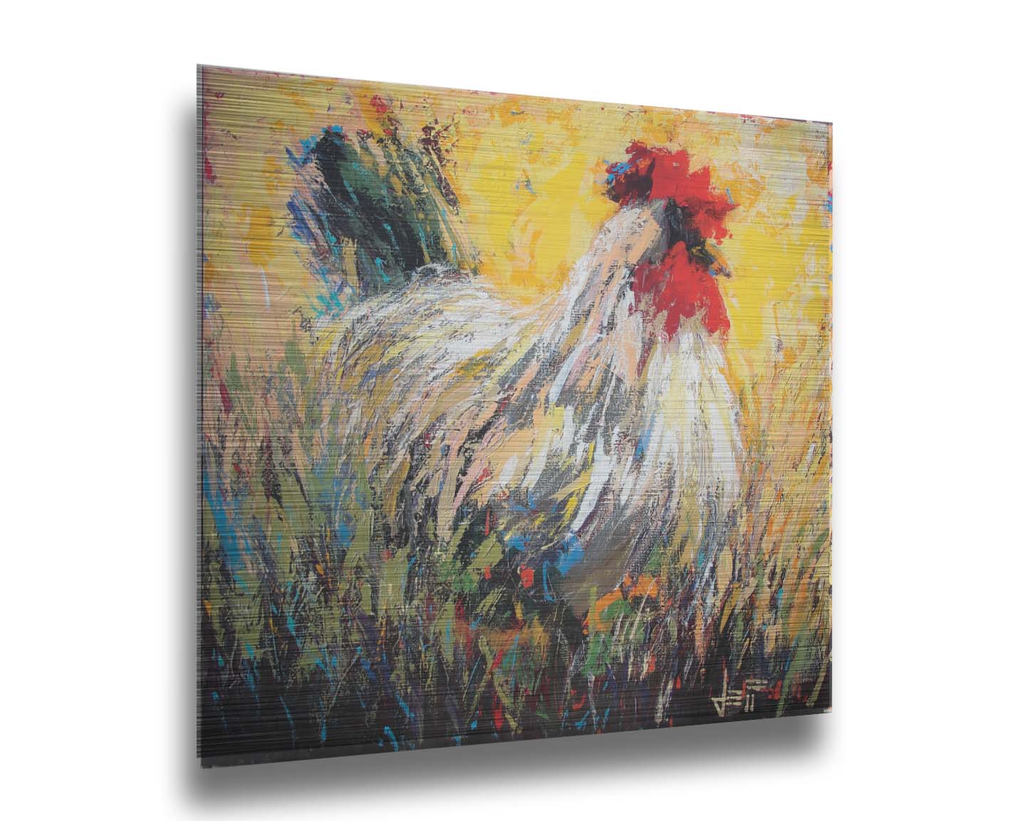 An expressive painting of a rooster sitting in the grass. Printed on metal.