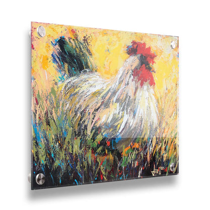 An expressive painting of a rooster sitting in the grass. Printed on acrylic.