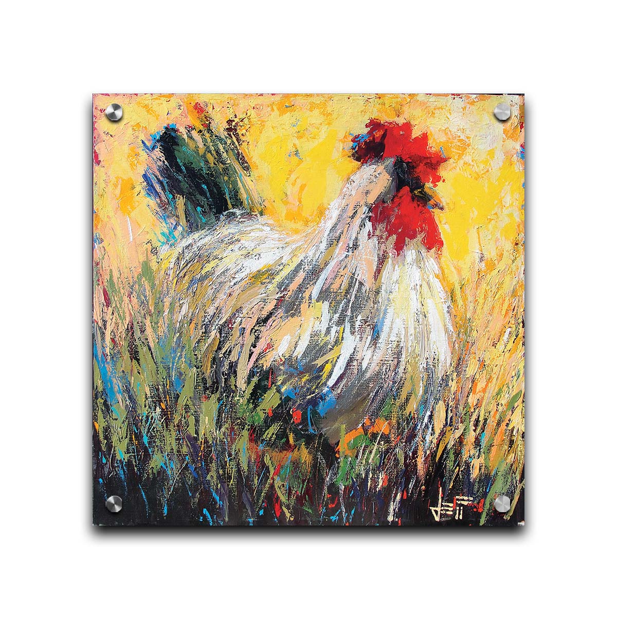 An expressive painting of a rooster sitting in the grass. Printed on acrylic.