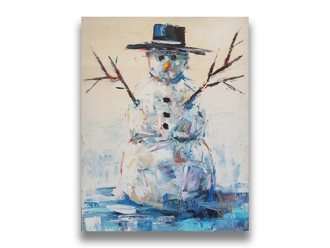 A painting of a snowman with a bolero hat. It is painted in blues and whites with small contrasting accents, and highly textured palette knife rectangles. Printed on canvas.