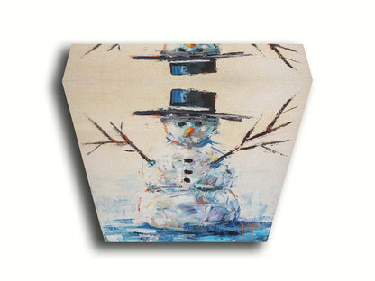 A painting of a snowman with a bolero hat. It is painted in blues and whites with small contrasting accents, and highly textured palette knife rectangles. Printed on canvas.