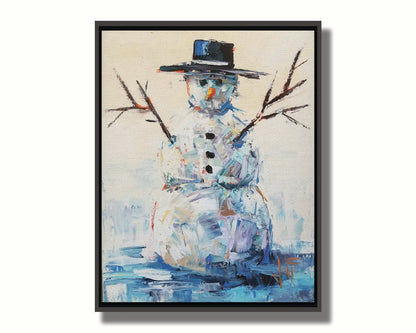 A painting of a snowman with a bolero hat. It is painted in blues and whites with small contrasting accents, and highly textured palette knife rectangles. Printed on canvas in a float frame.