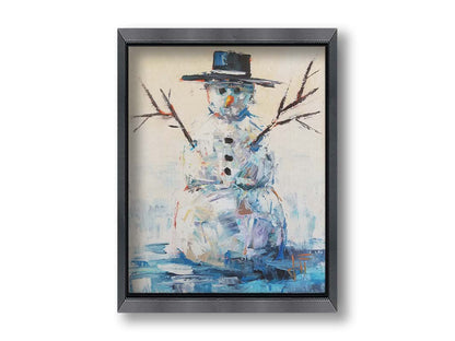 A painting of a snowman with a bolero hat. It is painted in blues and whites with small contrasting accents, and highly textured palette knife rectangles. Printed on canvas and framed.