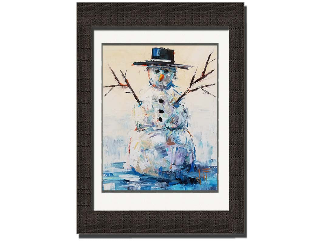 A painting of a snowman with a bolero hat. It is painted in blues and whites with small contrasting accents, and highly textured palette knife rectangles. Printed on paper, matted, and framed.