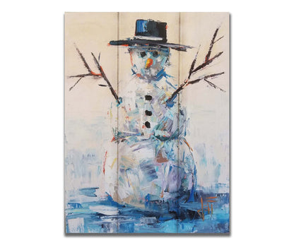 A painting of a snowman with a bolero hat. It is painted in blues and whites with small contrasting accents, and highly textured palette knife rectangles. Printed on a box board.