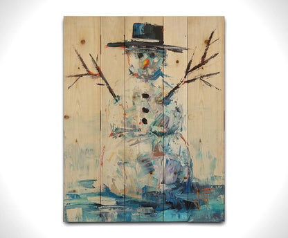 A painting of a snowman with a bolero hat. It is painted in blues and whites with small contrasting accents, and highly textured palette knife rectangles. Printed on a wood pallet. 