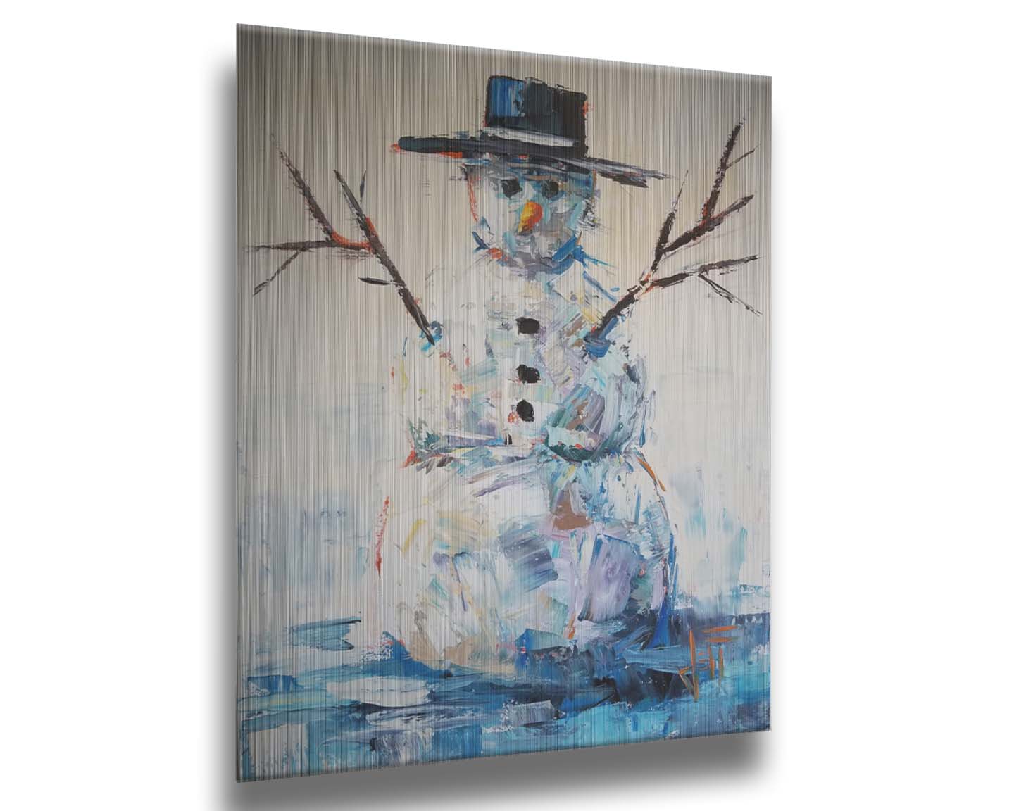 A painting of a snowman with a bolero hat. It is painted in blues and whites with small contrasting accents, and highly textured palette knife rectangles. Printed on metal.