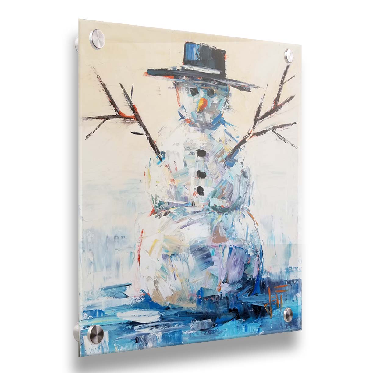 A painting of a snowman with a bolero hat. It is painted in blues and whites with small contrasting accents, and highly textured palette knife rectangles. Printed on acrylic.