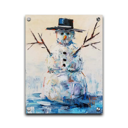 A painting of a snowman with a bolero hat. It is painted in blues and whites with small contrasting accents, and highly textured palette knife rectangles. Printed on acrylic.