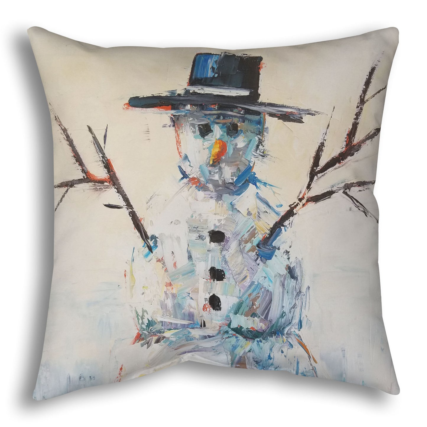 Throw pillow decorated with an abstract painting of a snowman.