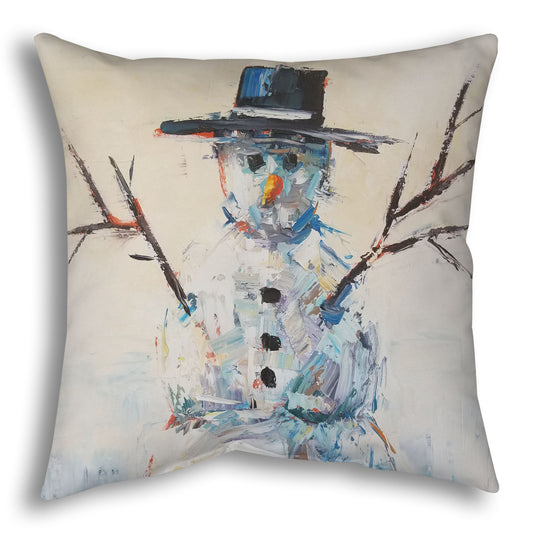 Throw pillow decorated with an abstract painting of a snowman.