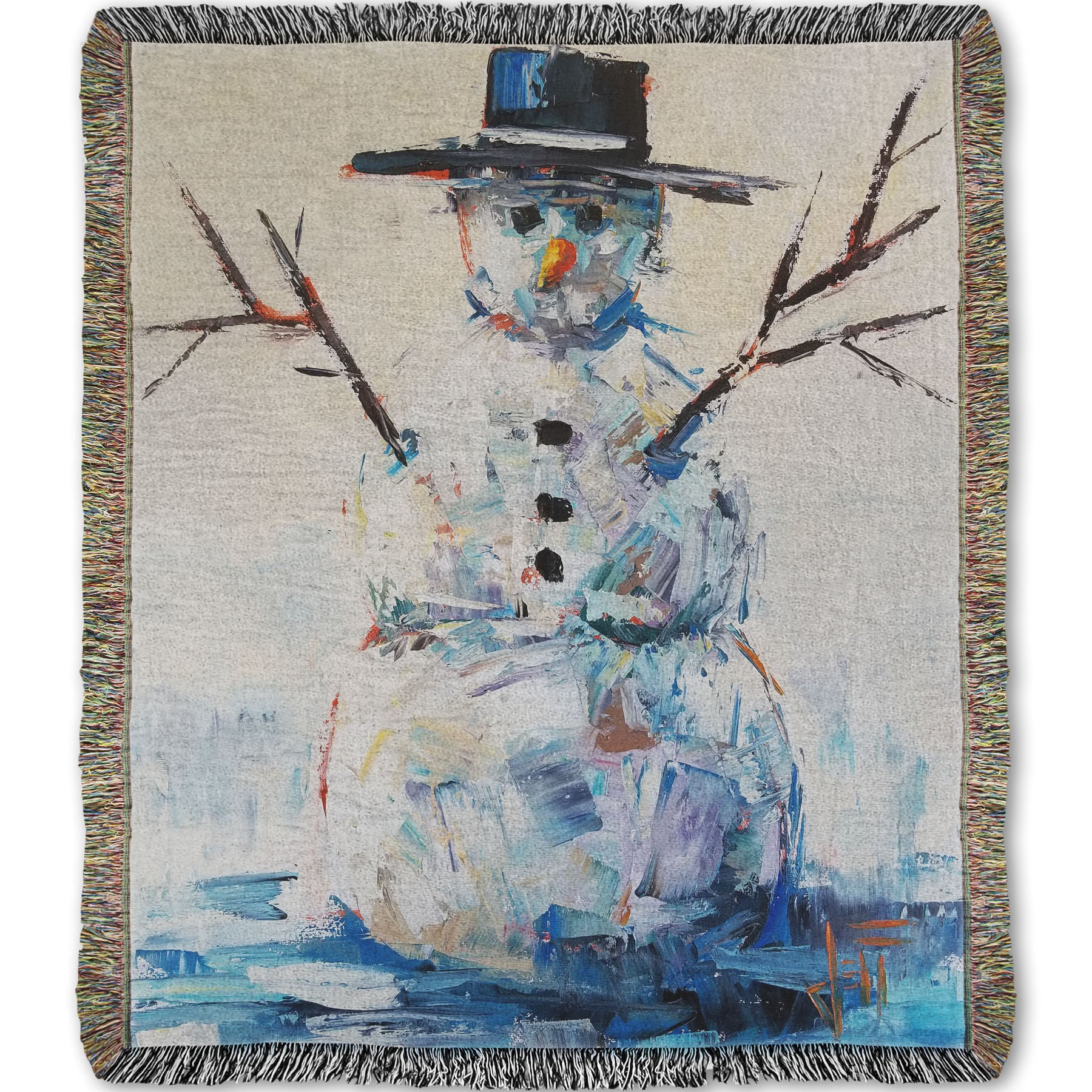 Woven blanket decorated with an abstract painting of a snowman.
