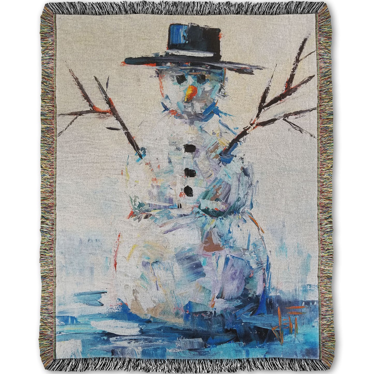 Woven blanket decorated with an abstract painting of a snowman.