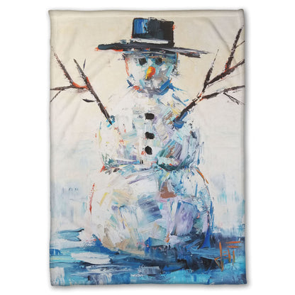 Coral fleece blanket decorated with an abstract painting of a snowman.