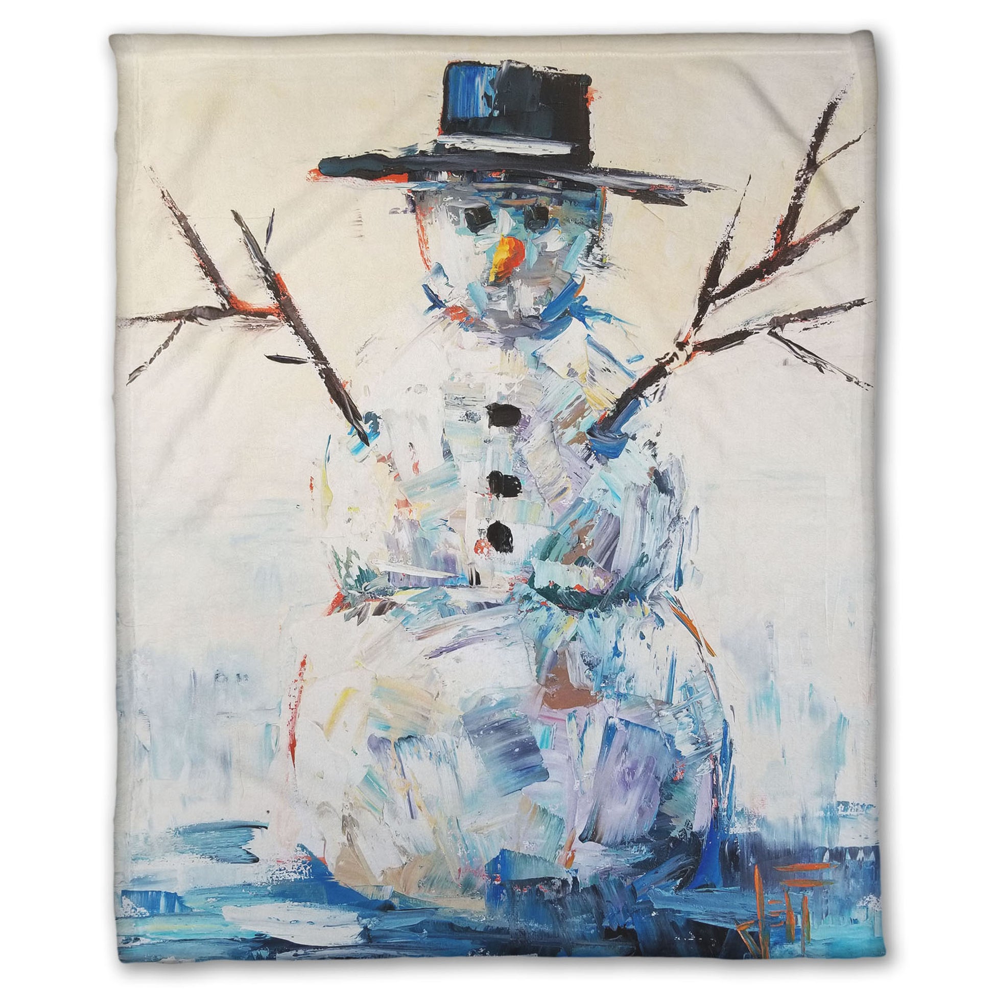 Coral fleece blanket decorated with an abstract painting of a snowman.